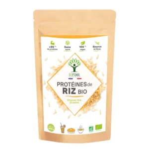 Ingrédients : 100% poudre de protéine de riz issue du riz cultivé en agriculture biologique. Variété Oryza Sativa