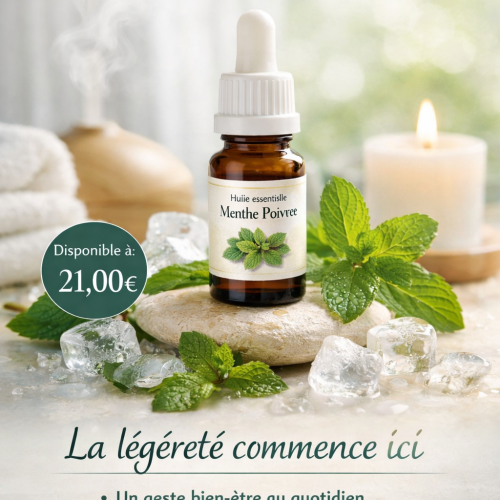 Flacon ambré de 120 ml d’huile essentielle de menthe poivrée Menotera avec étiquette verte et illustration de feuilles de menthe.