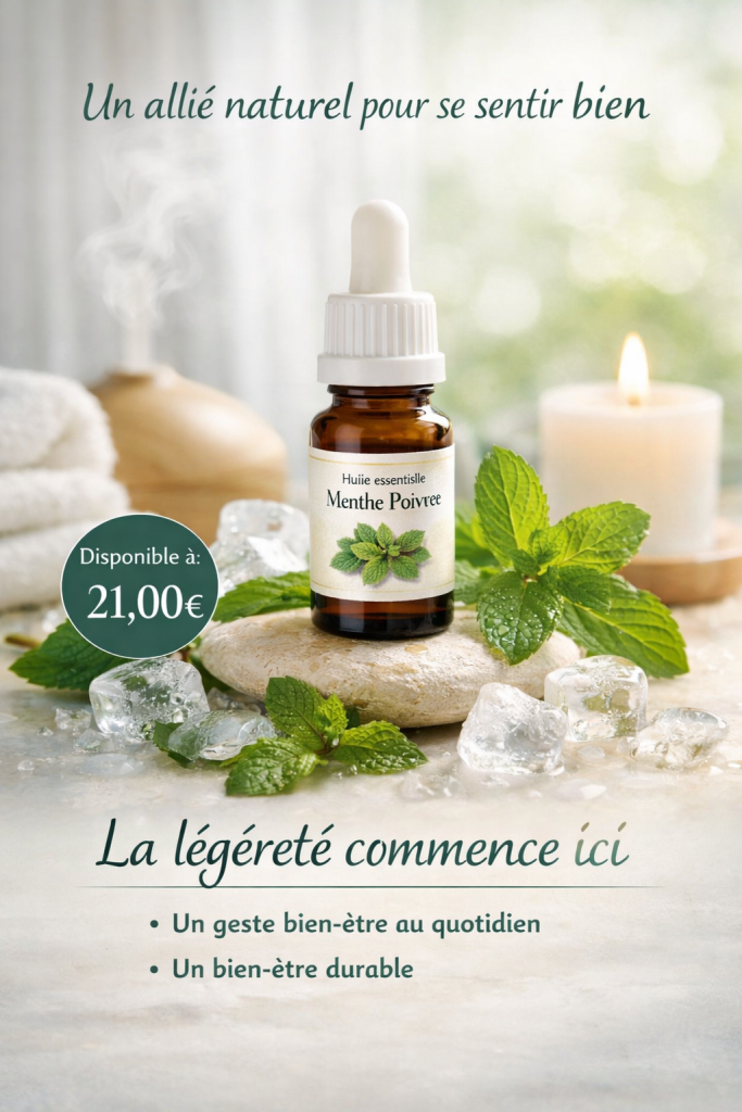 Flacon ambré de 120 ml d’huile essentielle de menthe poivrée Menotera avec étiquette verte et illustration de feuilles de menthe.