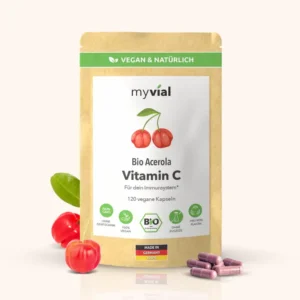 complément alimentaire à base d’acérola bio, riche en vitamine C naturelle, présenté dans un pot en verre sur un fond végétal. Idéal pour soutenir l’énergie et l’immunité pendant la ménopause.