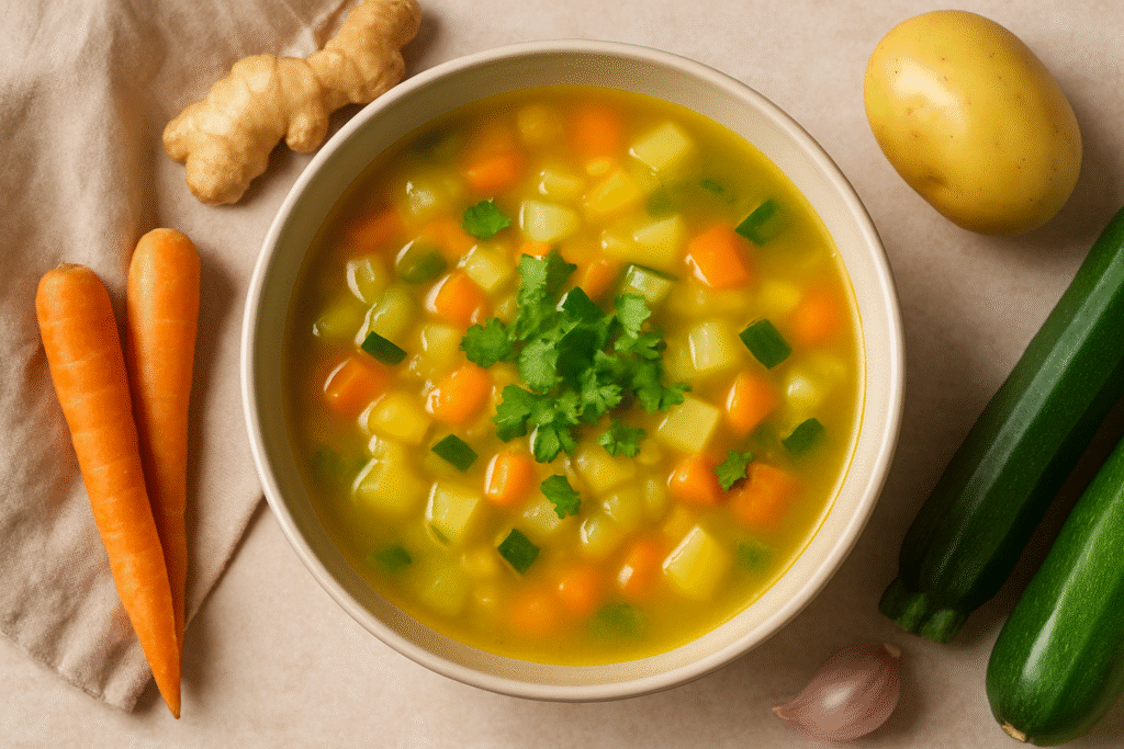 Bol de soupe chaude aux légumes et gingembre, garni de coriandre fraîche, entouré d’ingrédients crus comme carottes, pomme de terre, courgettes, ail et gingembre, sur une table beige.