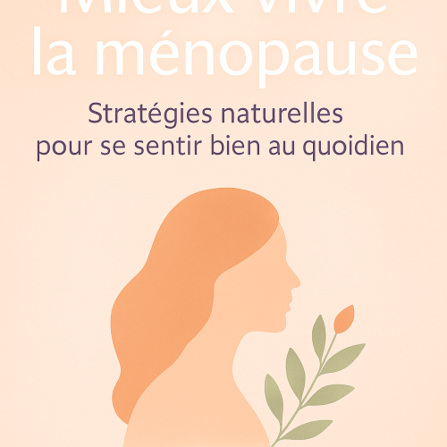 Couverture de livre intitulé "Mieux vivre la ménopause : stratégies naturelles pour se sentir bien au quotidien", fond pastel pêche et lavande, silhouette féminine minimaliste avec motif végétal, design épuré et professionnel.