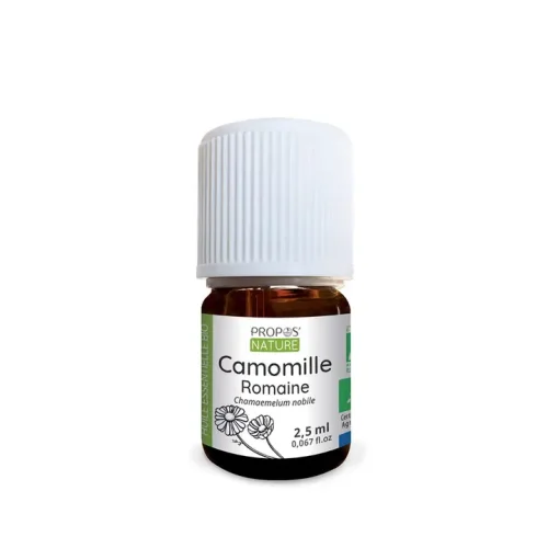 Huile essentielle de camomille bio – arôme apaisant et propriétés naturelles, flacon 100 % pur.