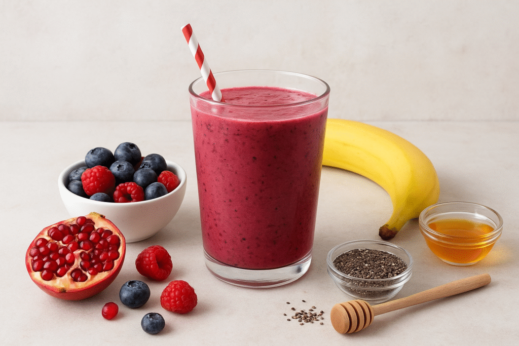 Smoothie rouge à base de baies et grenade, entouré de banane, graines de chia et miel sur fond clair