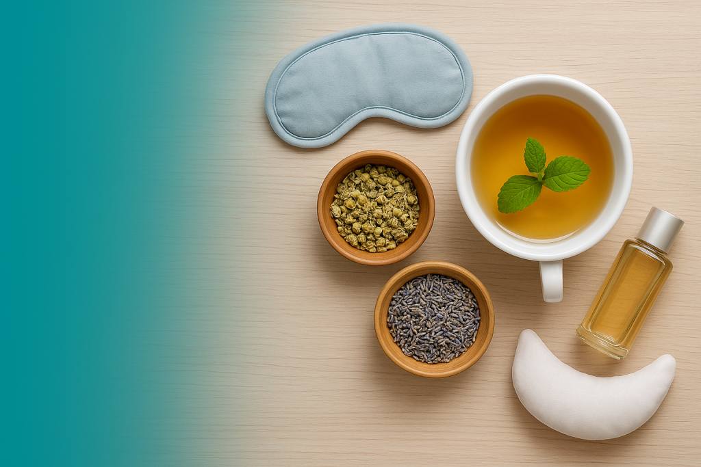 Une tasse de tisane aux feuilles de menthe posée sur une table en bois clair, entourée d’un masque de sommeil bleu, de petits bols contenant de la camomille séchée et de la lavande, d’un flacon d’huile aromatique et d’un petit coussin en forme de croissant, le tout sur un fond dégradé vert turquoise.
