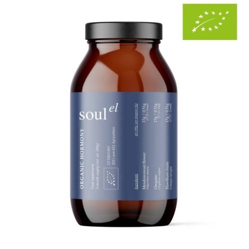 Pot de poudre Hormony Bio posé sur fond clair — mélange botanique bio pour l’équilibre hormonal et le bien-être féminin