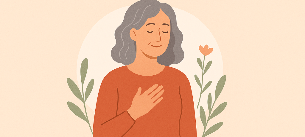 Illustration douce et minimaliste d’une femme mature aux cheveux gris, les yeux fermés et la main posée sur la poitrine, symbolisant une transition sereine vers la ménopause, entourée de plantes sur un fond beige en format paysage.