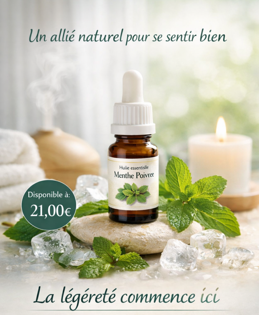 HE MenthePoivree “huile essentielle de menthe poivrée”, “relaxante”, “légère”, “revitalisée”