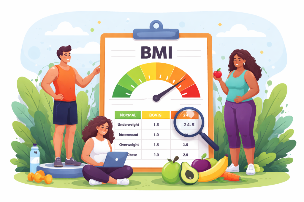 Illustration du calcul de l’IMC (indice de masse corporelle) avec les catégories poids normal, surpoids et obésité pour comprendre comment évaluer son poids par rapport à sa taille et surveiller sa santé.