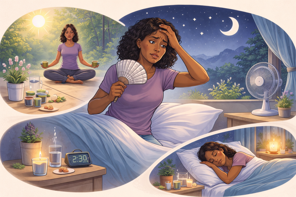Routine naturelle pour mieux dormir pendant la ménopause et réduire les bouffées de chaleur nocturnes.
