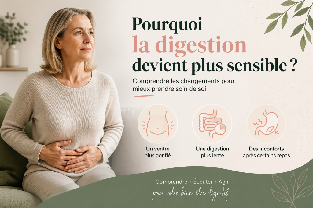 Femme ménopausée assise sur un canapé, tenant son ventre avec inconfort, illustration des troubles digestifs à la ménopause comme ballonnements, digestion lente et sensibilité digestive, avec texte “Pourquoi la digestion devient plus sensible ?” sur fond doux et naturel.