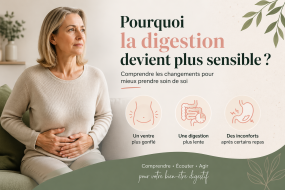 Femme ménopausée assise sur un canapé, tenant son ventre avec inconfort, illustration des troubles digestifs à la ménopause comme ballonnements, digestion lente et sensibilité digestive, avec texte “Pourquoi la digestion devient plus sensible ?” sur fond doux et naturel.
