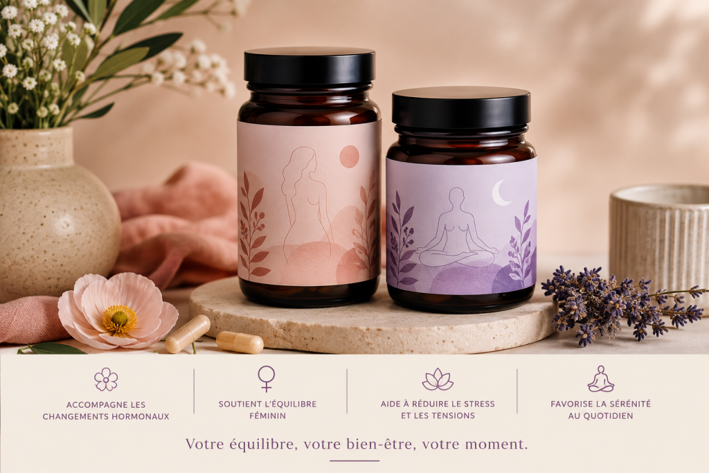 Deux flacons de compléments alimentaires sont mis en scène dans une ambiance douce et naturelle, sur un fond beige chaleureux. Les produits sont présentés comme une routine bien-être féminine, avec des étiquettes illustrées de silhouettes féminines et de motifs botaniques dans des tons pastel. L’atmosphère évoque la sérénité, l’équilibre hormonal et le bien-être émotionnel. Autour des flacons, des éléments décoratifs naturels comme des fleurs délicates et des textures douces renforcent l’univers de calme, de féminité et de relaxation.