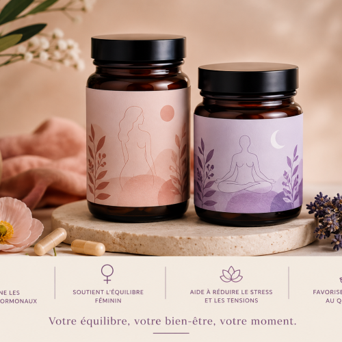 Deux flacons de compléments alimentaires sont mis en scène dans une ambiance douce et naturelle, sur un fond beige chaleureux. Les produits sont présentés comme une routine bien-être féminine, avec des étiquettes illustrées de silhouettes féminines et de motifs botaniques dans des tons pastel. L’atmosphère évoque la sérénité, l’équilibre hormonal et le bien-être émotionnel. Autour des flacons, des éléments décoratifs naturels comme des fleurs délicates et des textures douces renforcent l’univers de calme, de féminité et de relaxation.