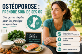 Prévention de l'ostéoporose : femme de 45 ans pratiquant une activité physique, avec des aliments riches en calcium et vitamine D (saumon, amandes, légumineuses et produits laitiers) pour maintenir des os solides à la ménopause.