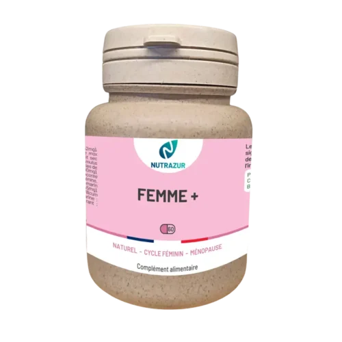 Femme+ 60 gélules : synergie de plantes et d’huiles essentielles pour accompagner le bien-être féminin lors des changements hormonaux, de la ménopause ou des règles.