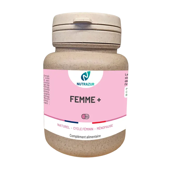Femme+ 60 gélules : synergie de plantes et d’huiles essentielles pour accompagner le bien-être féminin lors des changements hormonaux, de la ménopause ou des règles.