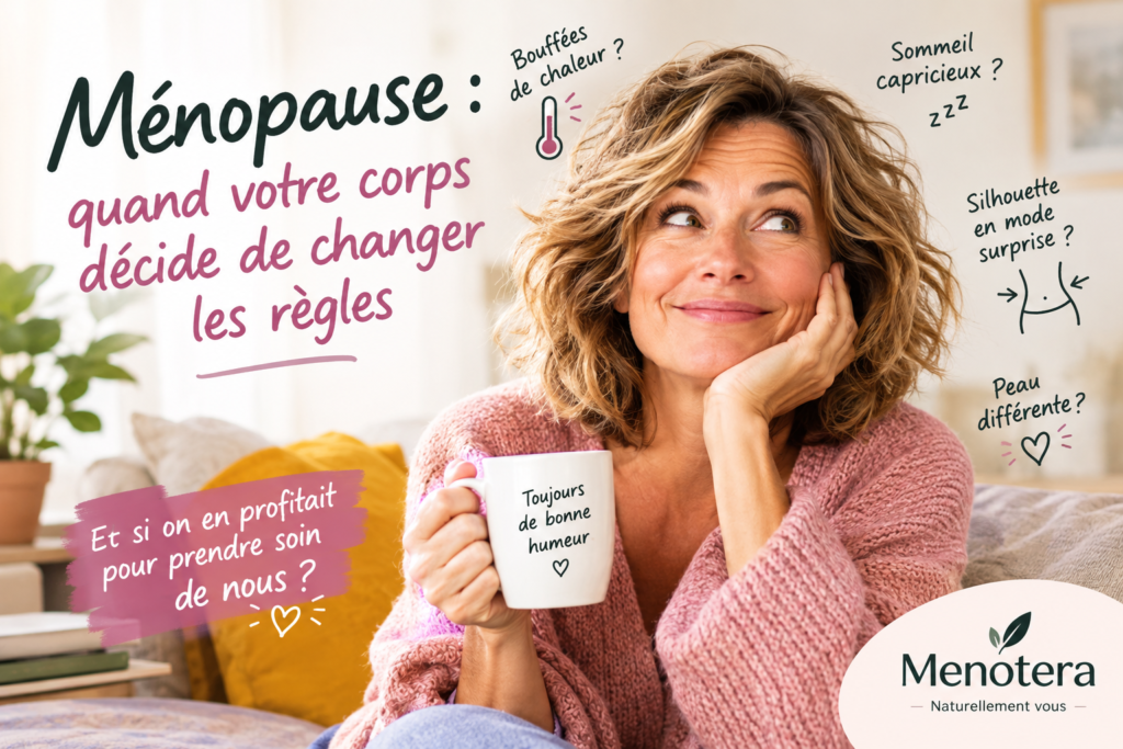 Illustration de l’article Menotera « Ménopause : quand votre corps décide de changer les règles », avec une femme souriante et le message « Même pas mal ! »
