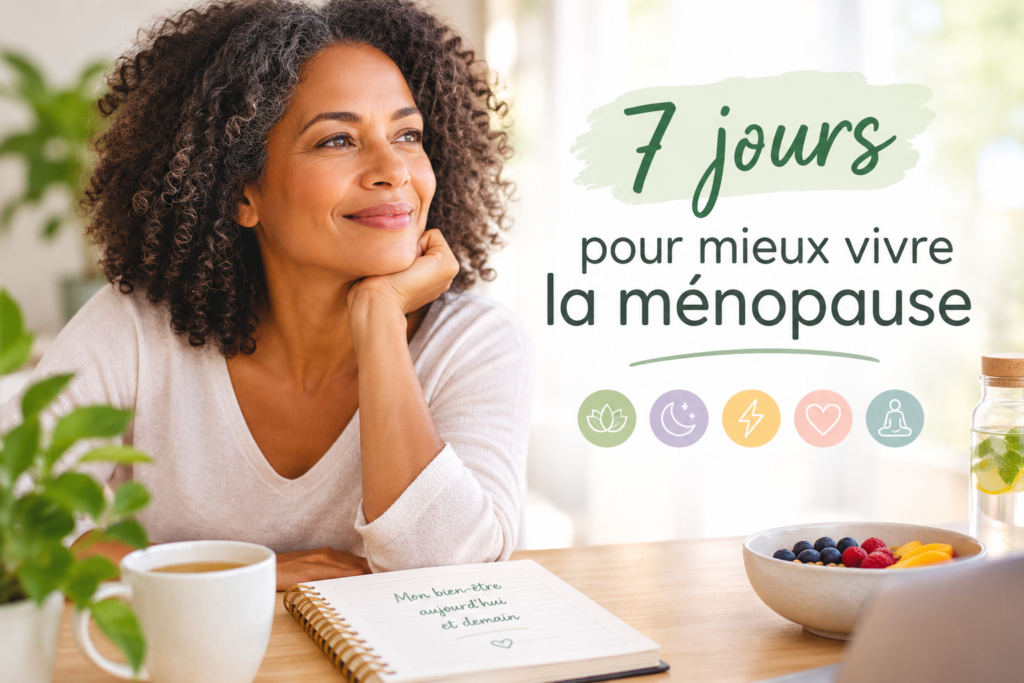 Femme d’une cinquantaine d’années assise à une table, dans un intérieur lumineux, avec une tasse, des fruits et un carnet, illustrant le bien-être pendant la ménopause.