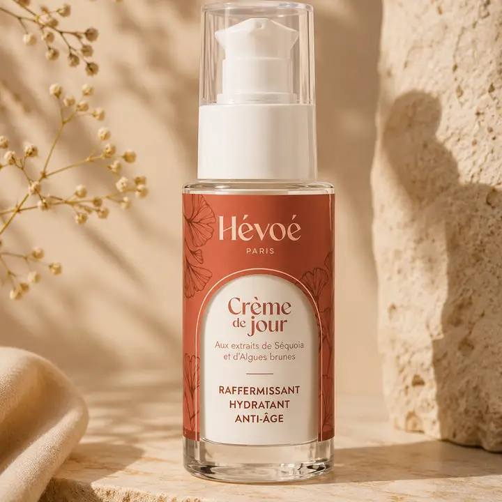 Crème de jour hydratante visage Hévoé, soin naturel et vegan pour une peau douce et confortable.