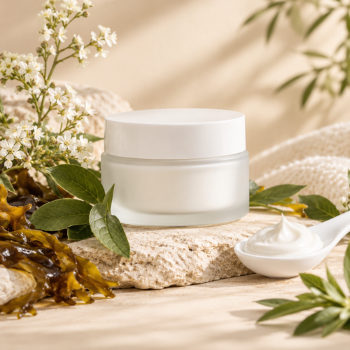 Pot de crème hydratante pour le visage présenté avec des feuilles vertes, des fleurs blanches et des algues, évoquant un soin quotidien d’inspiration naturelle.